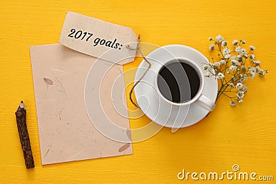 Top view 2017 goals list with notebook, cup of coffee Stock Photo