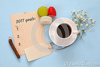 Top view 2017 goals list with notebook, cup of coffee Stock Photo