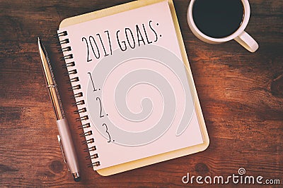 Top view 2017 goals list with notebook, cup of coffee Stock Photo