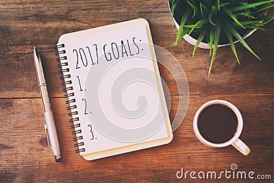 Top view 2017 goals list with notebook, cup of coffee Stock Photo