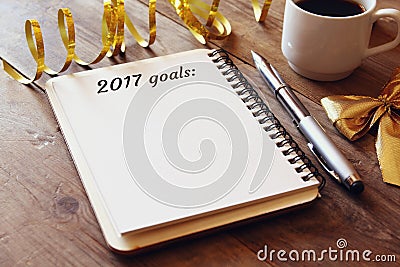 Top view 2017 goals list with notebook, cup of coffee Stock Photo