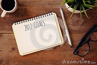 Top view 2017 goals list with notebook, cup of coffee Stock Photo