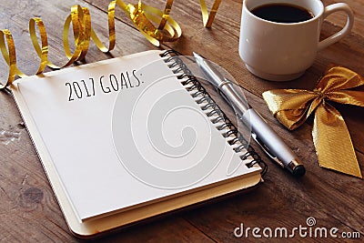 Top view 2017 goals list with notebook, cup of coffee Stock Photo