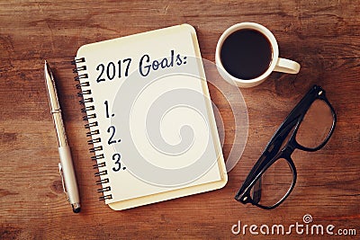 Top view 2017 goals list with notebook, cup of coffee Stock Photo