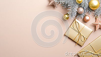 Top view Golden Christmas gifts and decorations on paste ivory background with copy space. Flat lay Xmas tree silver branch, Stock Photo