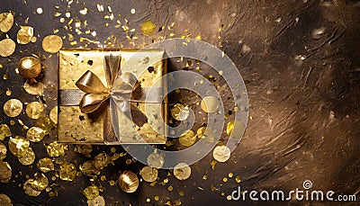 top view of a golden wrapped present with a beautiful bow on a rustic old table with lots of confetti Stock Photo