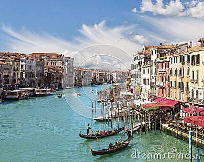 Top view of the Grand Canal and gondolas with tourists, Venice Editorial Stock Photo