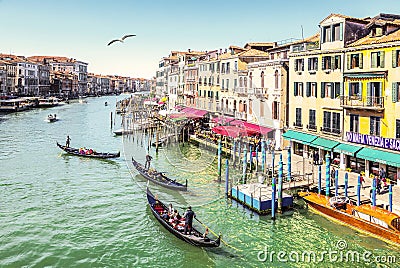 Top view on the Grand canal and gondolas with tourists, Venice Editorial Stock Photo