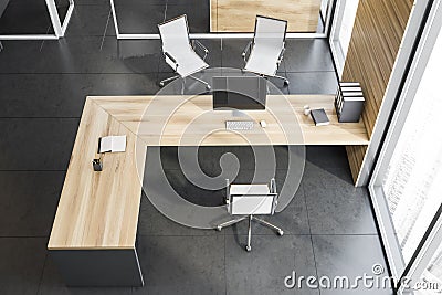 Top view of gray and wood manager office Stock Photo