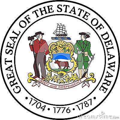 Top view of Great Seal of US Federal State of Delaware. United States of America patriot and travel concept. Plane design, layout Editorial Stock Photo