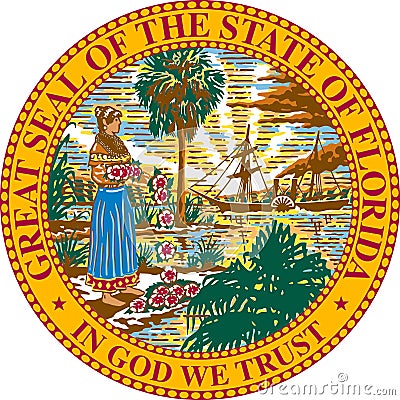 Top view of Great Seal of US Federal State of Florida. United States of America patriot and travel concept. Plane design, layout Editorial Stock Photo