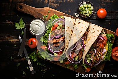 Top view Greek gyros wrapped in pita, surrounded by veggies and sauce Stock Photo