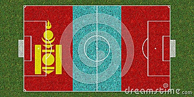 Top view of Green grass soccer field with flag of Mongolia. football background. 3d illustration Cartoon Illustration