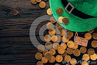 top view of green hat and golden coins, st patricks day concept Stock Photo