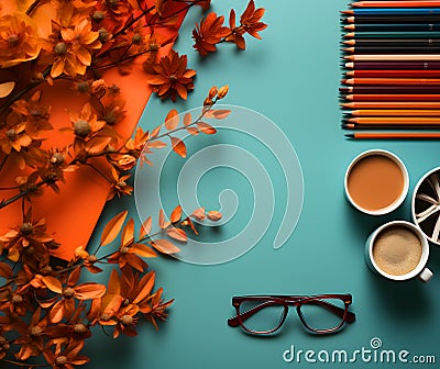 Top view for green pastel paper color decorated with blank empty orange paper, cup of coffee, glasses, colorful pencils and Stock Photo