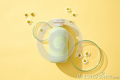 Top view of green plastic bottles of cream or lotion and with chamomilla flowers displayed on yellow background with petri dish. Stock Photo