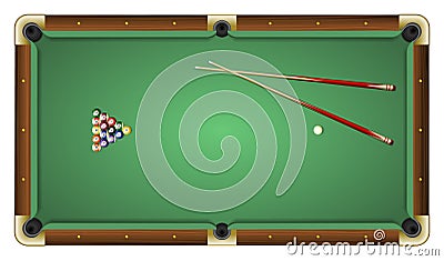 Top view of a green pool table with balls and cues Cartoon Illustration