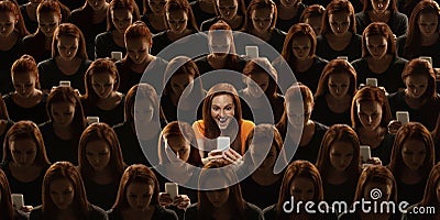 Top view of grey crowd of identical people and special one woman, difference and diversity concept Stock Photo