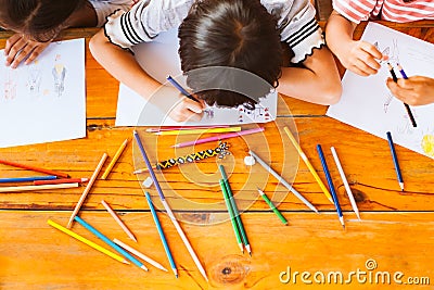 Top view of group asian children drawing and painting Stock Photo