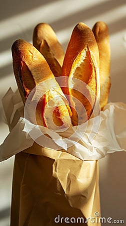 Top view of group of crispy baguettes in paper bag against white background with aesthetic shadows. Generative AI Stock Photo