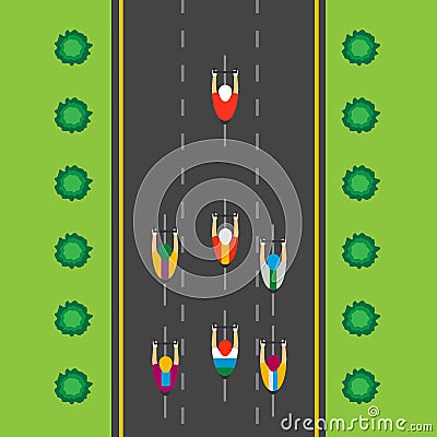 Top view of group of cyclists at professional race. Riding through city Vector Illustration