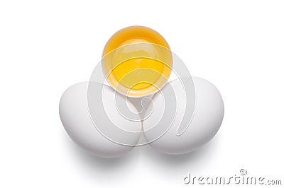 top view of group eggs and one broken egg isolated on white background Stock Photo