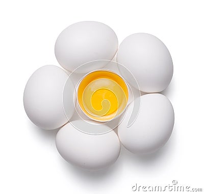 top view of group eggs and one broken egg isolated on white background Stock Photo