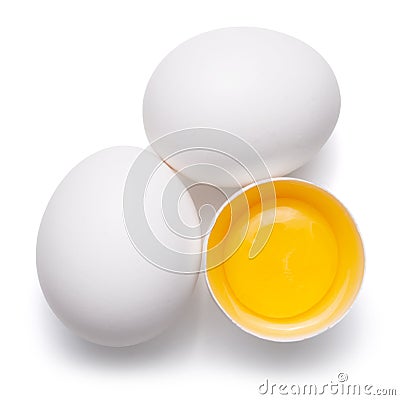 top view of group eggs and one broken egg isolated on white background Stock Photo