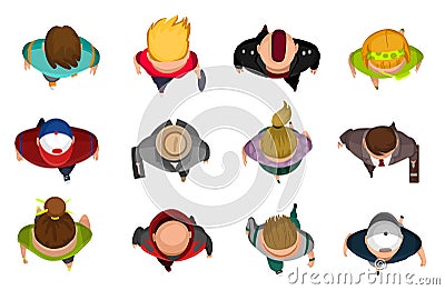 Top view group of people. Mans and womans on white background from top view. Crowd people walk. View from above. Simple Vector Illustration