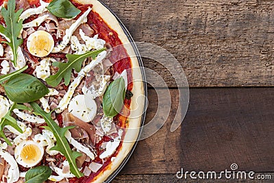 Top view of half pizza Italian dish mediterranean food. Stock Photo