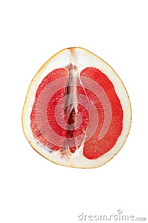 top view half of red fresh ripe grapefruit isolated on white. Looking like female vagina, vulva symbol Stock Photo