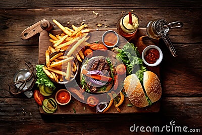 Top view hamburger and french fries on wooden board with Ai Generated Stock Photo
