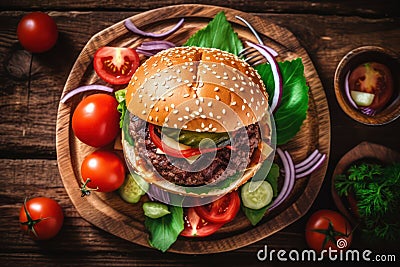 Top view hamburger and red tomato on a wooden background with Ai Generated Stock Photo