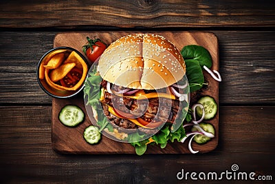 Top view hamburger on a table ready to eat with Ai Generated Stock Photo