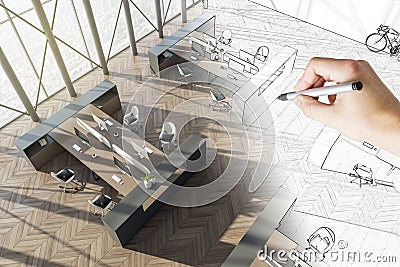 Top view of hand drawing modern hipster coworking office interior with sunlight, city view, wooden, flooring, furniture, equipment Stock Photo