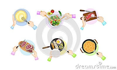 Top view of hands cooking tasty dishes set. Hands frying vegetables, beating eggs and cutting vegetables for salad Cartoon Illustration