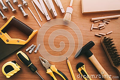 Top view of handyman housework repairing tools Stock Photo