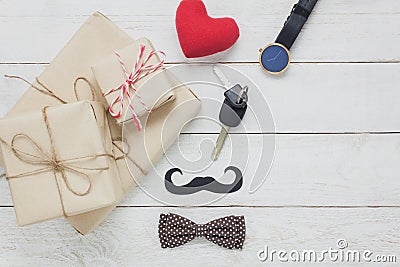 Top view Happy Father day.accessories with red heart. Stock Photo