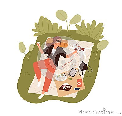 Top view of happy young woman resting outdoors and lying on picnic blanket and petting her cat. Relaxing alone and Vector Illustration
