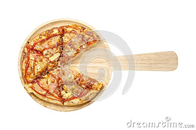 Top view of Hawaiian pizza on wooden plate isolated Stock Photo