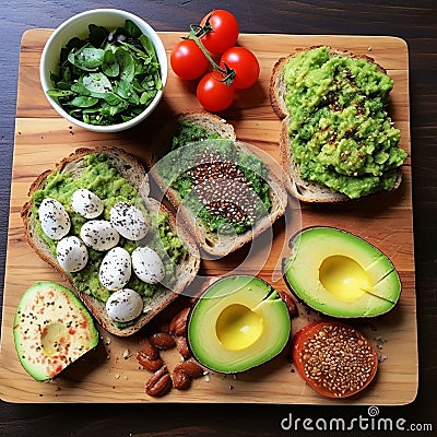 Top view healthy avocado toasts breakfast lunch avocado toast fried eggs Stock Photo