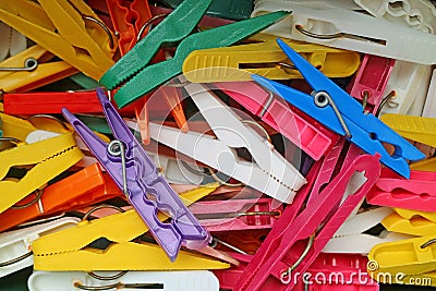 Top view of heap of colorful clothespins Stock Photo