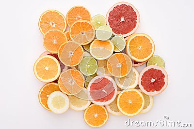 top view of heap of various citrus fruits slices Stock Photo