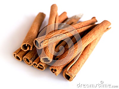 Top view of Herbs and spices with cinnamon roll sticks isolated on white backgeound. Stock Photo