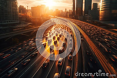view of highway with traffic jam and skyscrapers at dusk, modern city, traffic, blur Stock Photo