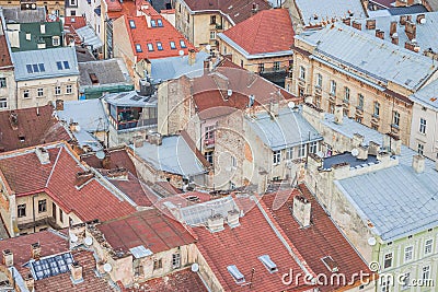 Top view of historical old city district of Lviv, Ukraine. Old buildings and courtyards in historic Lviv Stock Photo