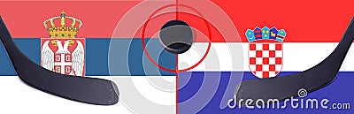 Top view hockey puck with Serbia vs. Croatia command with the sticks on the flag. Concept hockey competitions Stock Photo