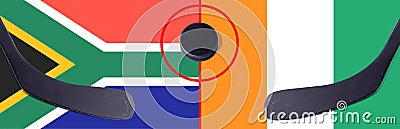 Top view hockey puck with South Africa vs. Cote d`Ivoire command with the sticks on the flag. Concept hockey competitions Stock Photo