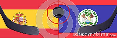 Top view hockey puck with Spain vs. Belize command with the sticks on the flag. Concept hockey competitions Stock Photo