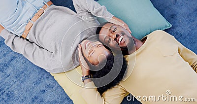 Top view, home and black couple with love, marriage and romance with bonding, relationship and relax together. Happy Stock Photo